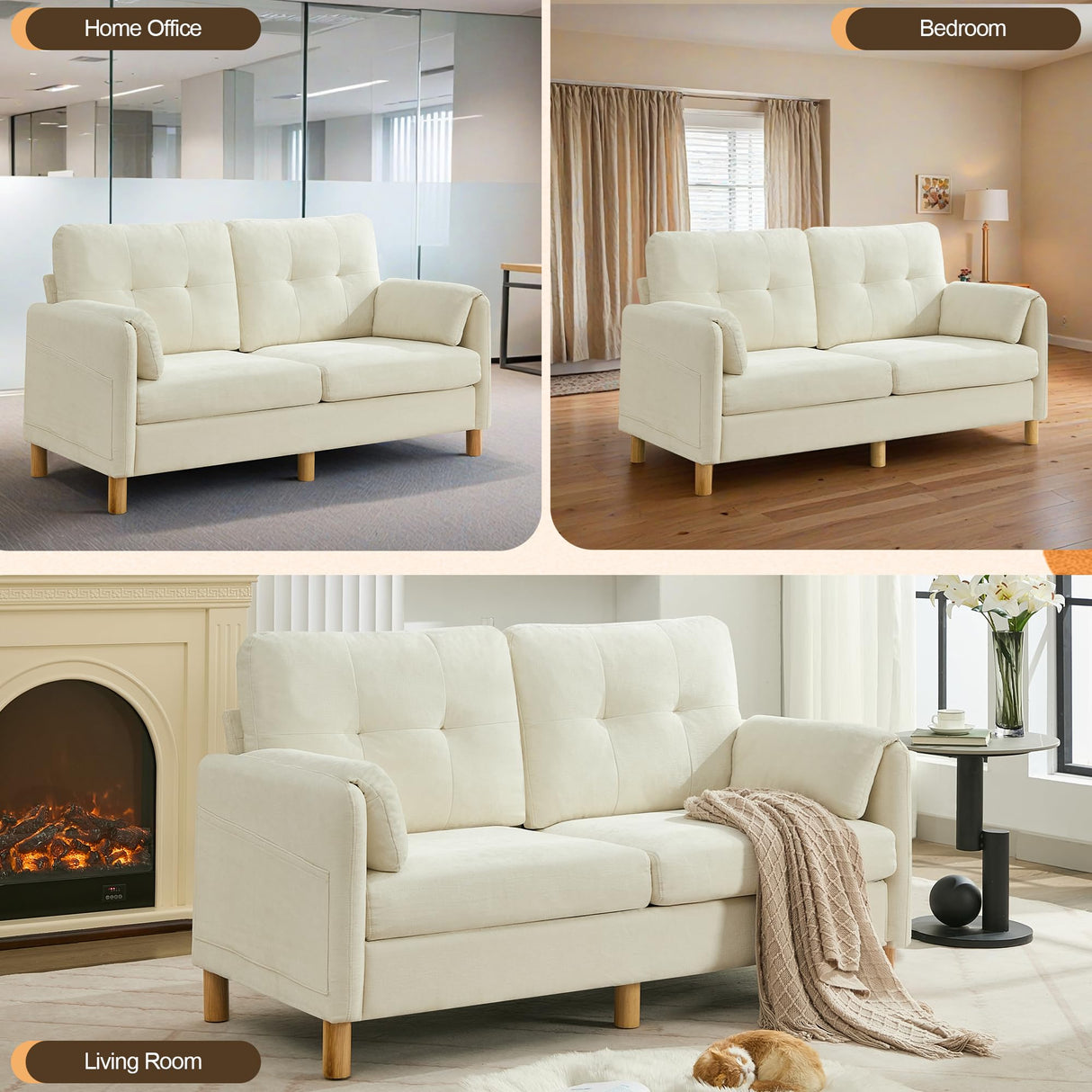 WUTUTUEE 65" Chenille Loveseat Sofa, Modern 2-Seater Love Seat Couch with Armrest Pillows, Storage Pockets, Easy Assembly, Upholstered Tufted Loveseat Sofa Couches for Living Room Bedroom, Beige WUTUTUEE