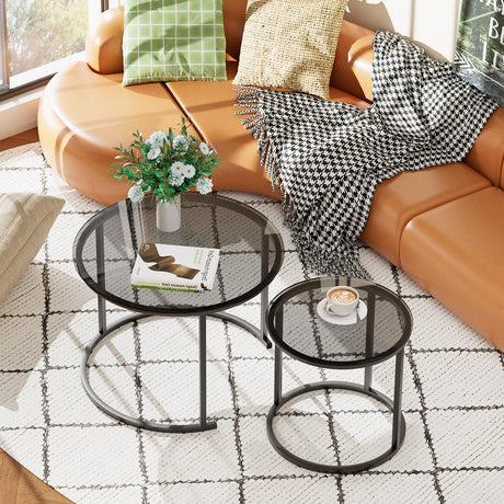 aboxoo Nesting Coffee Table Grey Glass Table Set of 2, Small Round Glass Nesting Tables for Living Room Bedroom, Accent Tea Table with Metal Frame Modern Industrial Simple aboxoo