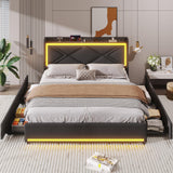 Full Bed Frame with RGB LED Lights Headboard & USB-C/A Charging Station, Modern Upholstered Platform Bed with Storage Drawers, Heavy Duty Steel Slats, No Box Spring Needed, Dark Gray BTHFST