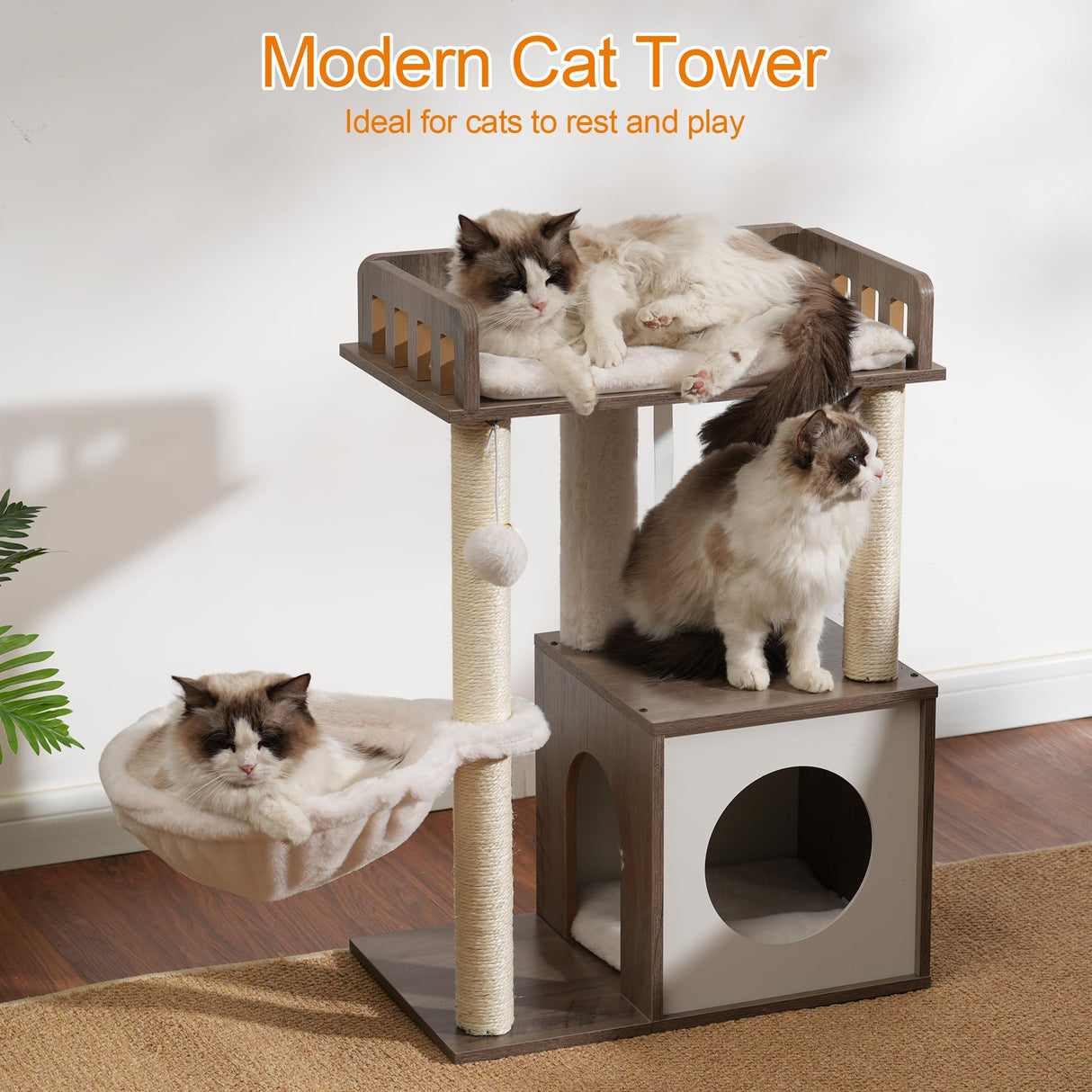 Heybly Modern Cat Tree, Wooden Cat Tower with 3 Scratching Posts, Cat Condo for Indoor Cats with Wood Cat Cave, Plush Perch, Basket, Pompom, Rustic Gray HCT007SSG Heybly