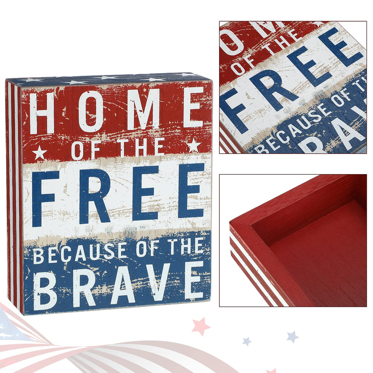 Jetec Patriotic Decor July 4th Box Sign Independence Day Patriotic Labor Day 5 x 6 Inch Wood American Flag Decor Farmhouse Wooden Block(Home of the Free Because of the Brave) Jetec