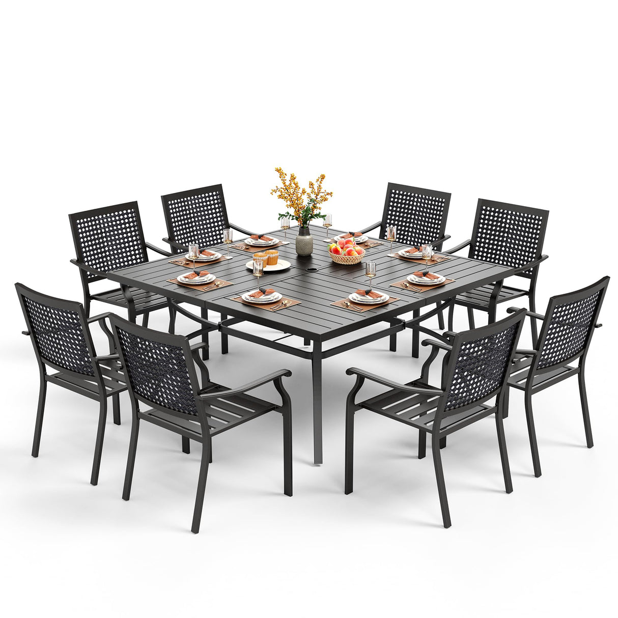 PHI VILLA 9 Pieces Patio Dining Table Set for 8, 60” Square Metal Wrought Iron Dining Table & Stackable Dining Chairs, Large Dining Furniture Set for Outdoor Deck, Yard, Porch PHI VILLA