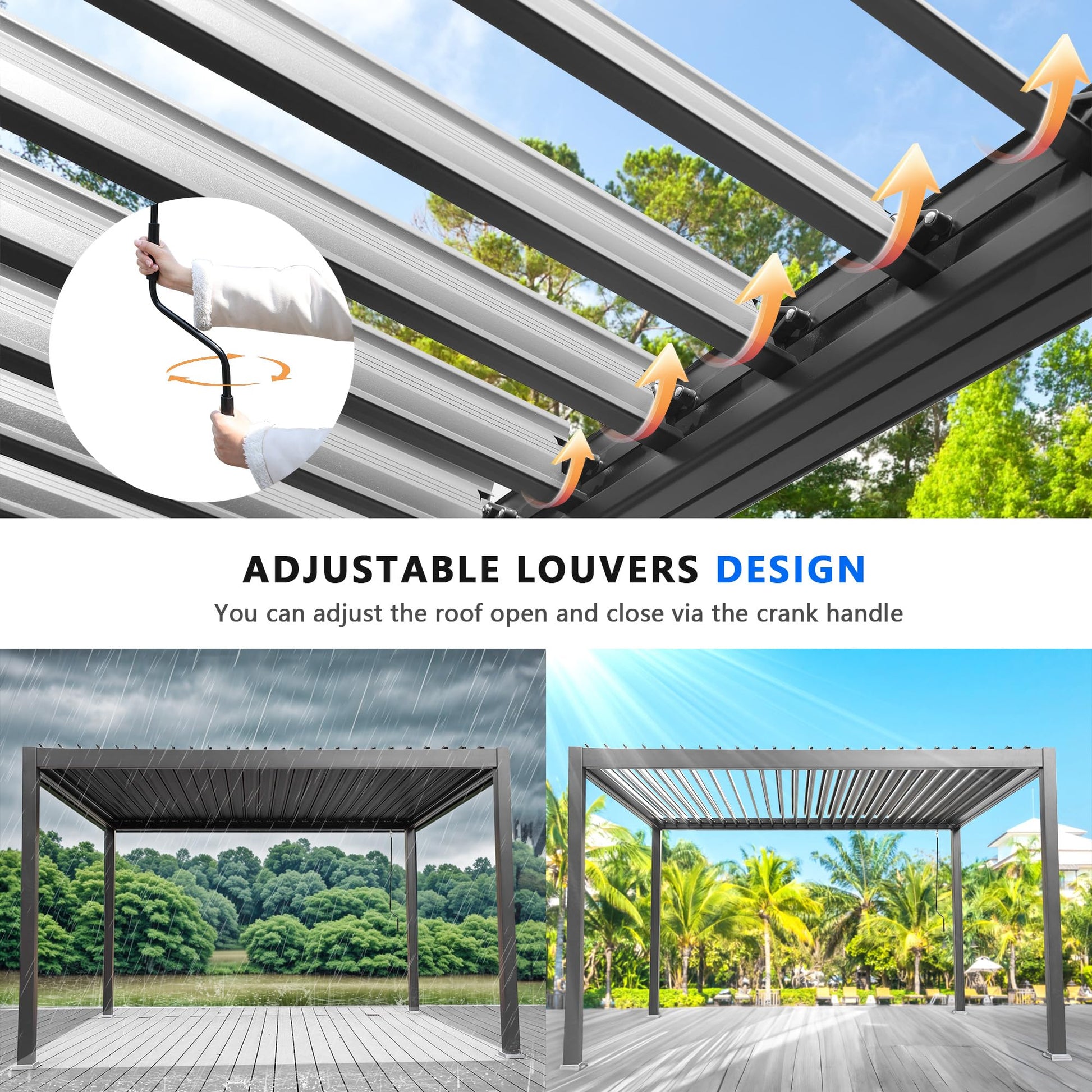 jamege 10' × 13' Louvered Pergola with Adjustable Roof, Outdoor Aluminum Pergola with Curtain and Netting, Hardtop Patio Pergola for Garden Porch Yard Deck - WoodArtSupply