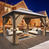 YOLENY 12' x 14' Hardtop Gazebo, Galvanized Steel Metal Double Roof Aluminum Frame Gazebo with Curtain and Netting, Permanent Pavilion Pergola for Outdoor, Patio, Garden, Lawn, Pool Side, Brown YOLENY