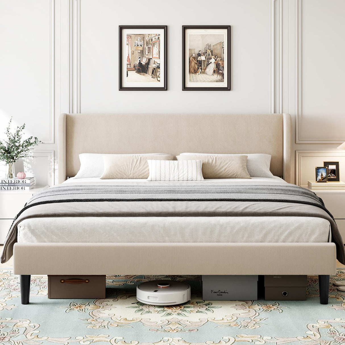 GarveeHome Upholstered King Bed Frame with Wingback Headboard, Velvet Upholstery Platform Bed, No Box Spring Needed, Wood Slats Support, Easy Assembly, Beige GarveeHome