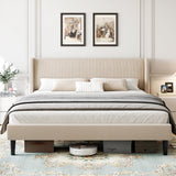 GarveeHome Upholstered King Bed Frame with Wingback Headboard, Velvet Upholstery Platform Bed, No Box Spring Needed, Wood Slats Support, Easy Assembly, Beige GarveeHome