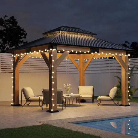 AMERLIFE 10x12 Wood Gazebo, Hardtop Gazebo with Spruce Frame and Aluminum Double Roof, Outdoor Pergola for Parties, Backyard, Patio, Lawns, Black + Natura Wood AMERLIFE
