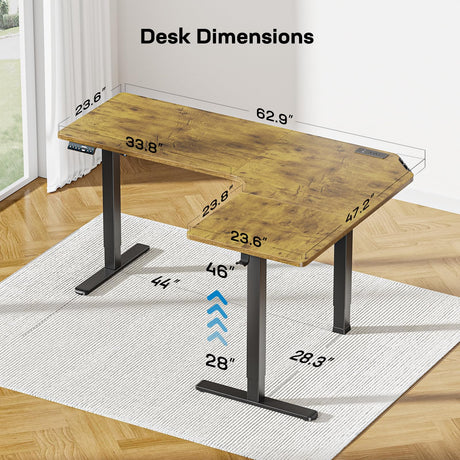 HUANUO 63″ Dual Motor L-Shaped Standing Desk, Built-in Power Outlets, Electric Height Adjustable Corner Computer Desk, Large Power Strip Holder, Sit Stand Up Desk with 3 Preset Heights, Vintage Brown HUANUO