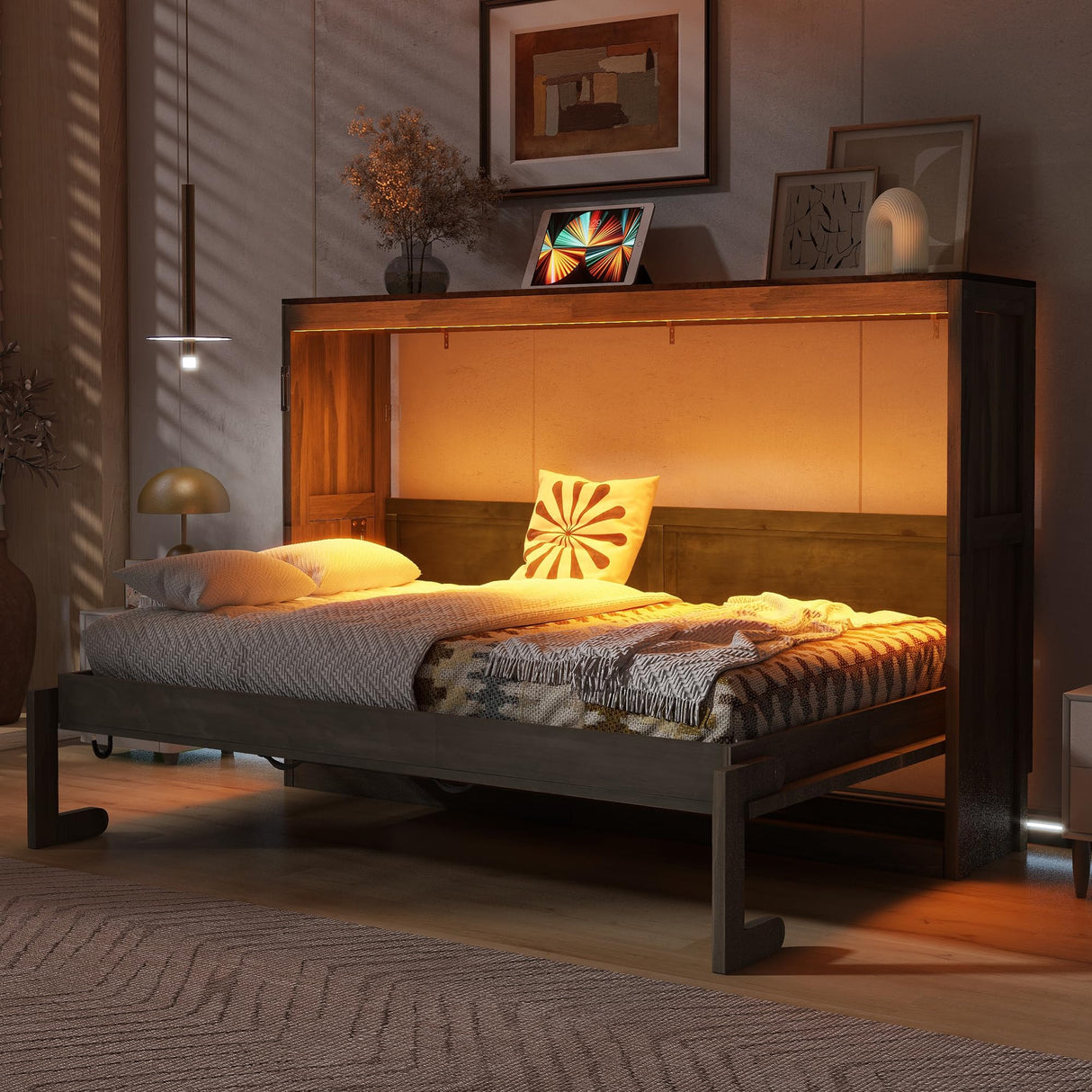 Aiuyesuo Twin Size Murphy Bed with Desk and Light, Can be Folded into a Cabinet, Hidden Wall Bed Cabinet, Space-Saving for Multipurpose Guest Room Bedroom or Office (Brown-JAP1) Aiuyesuo