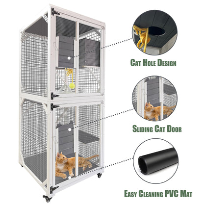 3-Tier Catio Cat House, Outdoor Cat Enclosures with Wheels, Wooden Catio with Resting Box & Cat Ball, Wide Opening Easy Clean Cat Condo with Waterproof Roof, 30.7" L x 29.1" W x 70.9" H