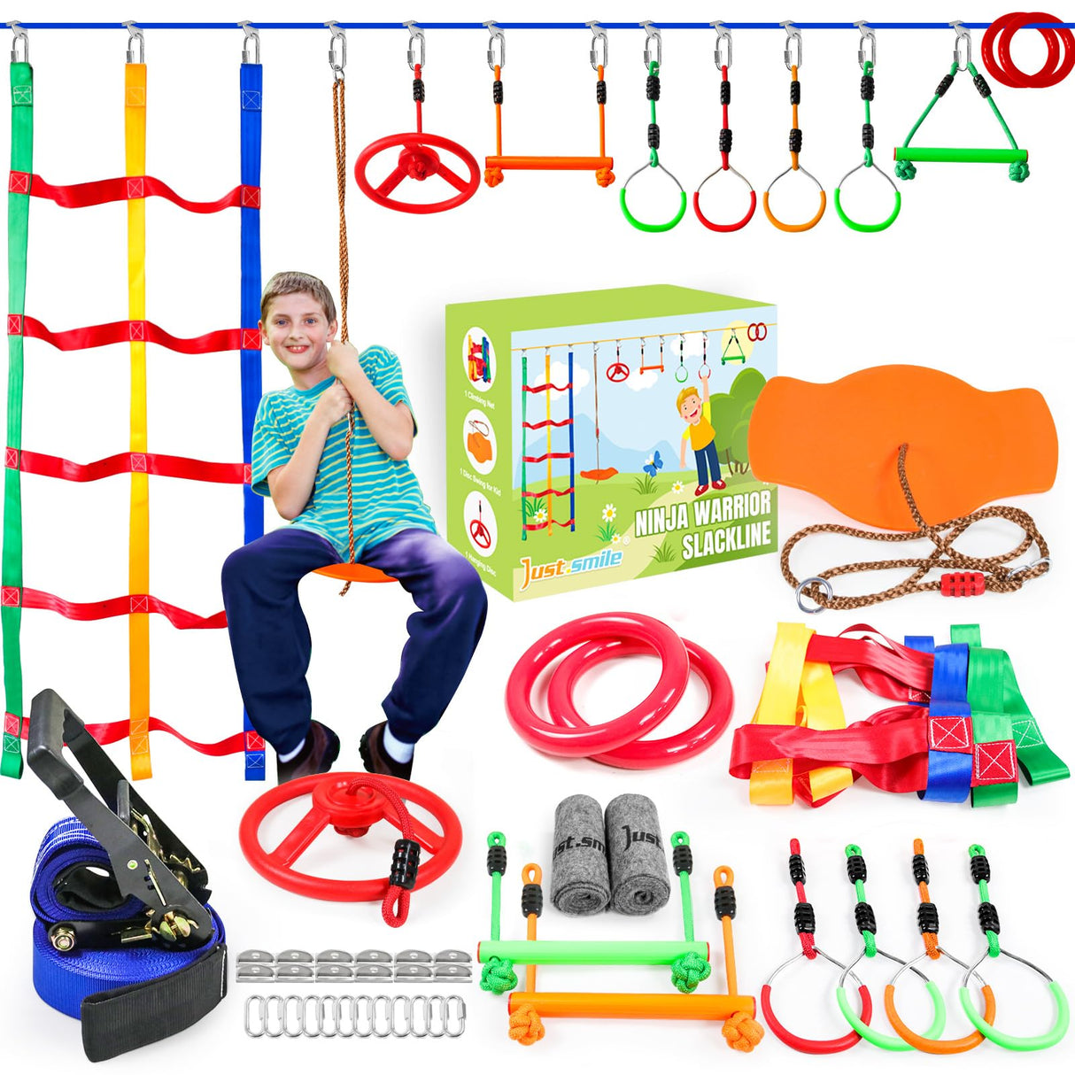 Ninja Warrior Obstacle Course for Kids Outside-Ninja Slackline 52ft with 11 Durable Obstacles-Climbing Net,Wheel, Warrior Gymnastics & Monkey Bars,Slack Lines for Backyard for Kids. Just.smile