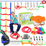 Ninja Warrior Obstacle Course for Kids Outside-Ninja Slackline 52ft with 11 Durable Obstacles-Climbing Net,Wheel, Warrior Gymnastics & Monkey Bars,Slack Lines for Backyard for Kids. Just.smile