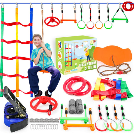 Ninja Warrior Obstacle Course for Kids Outside-Ninja Slackline 52ft with 11 Durable Obstacles-Climbing Net,Wheel, Warrior Gymnastics & Monkey Bars,Slack Lines for Backyard for Kids. Just.smile