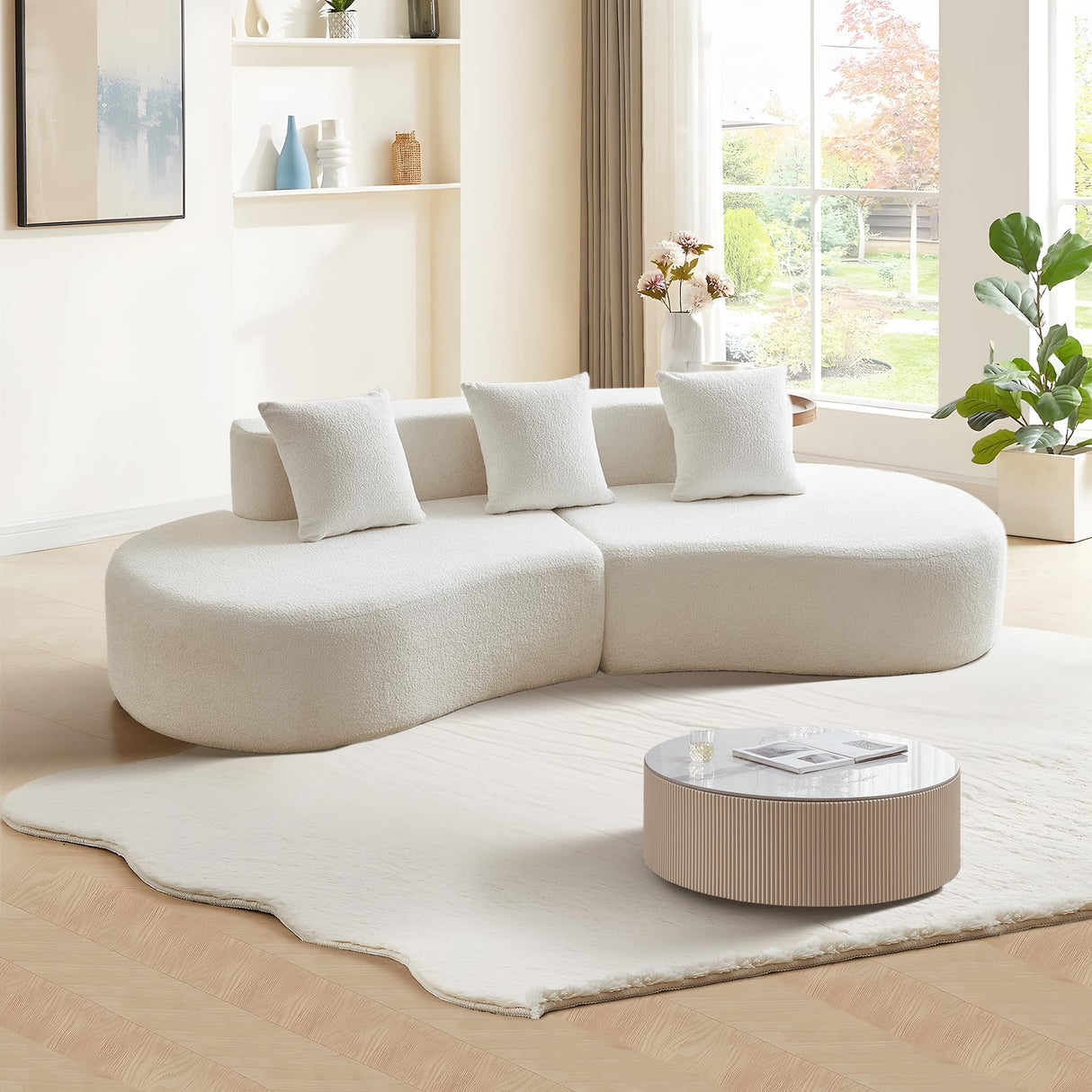 BAMOOLI 109'' Curved Couch, Mid Century Modern Half Moon Sofa, Luxury 3-Seat Couch with High-Density Foam Filled, Raindrop Velvet Fabric Sectional Sofa for Living Room, Apartment, Office, White BAMOOLI