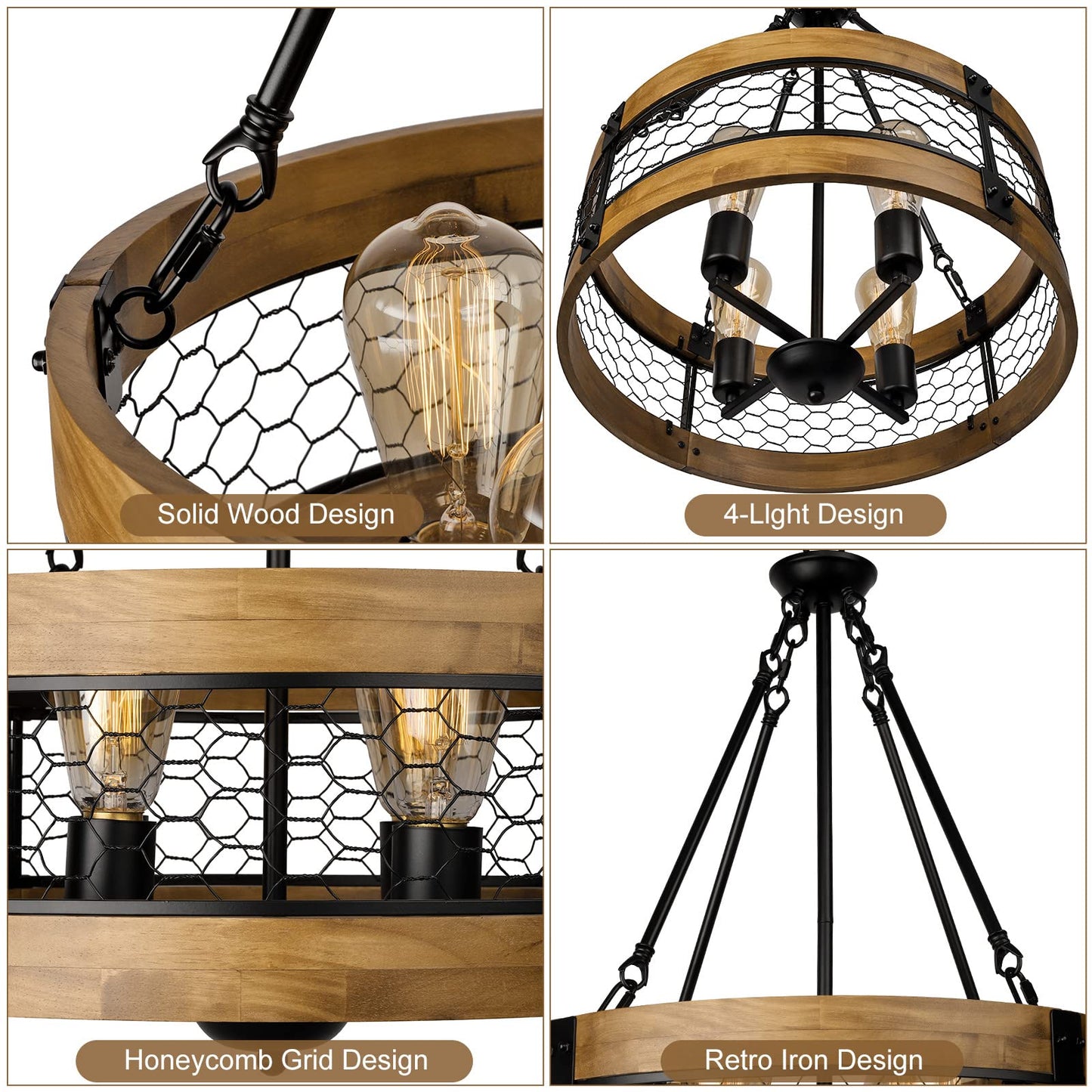 Sigaitwei Wood Farmhouse Chandelier Rustic Light Fixture, 4-Light Round Chandelier for Dining Room Entryway Kitchen Island Foyer,Vintage Wood and Metal Honeycomb Grid Finish