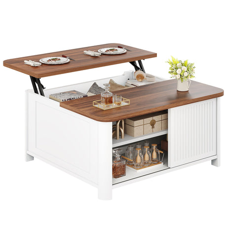 Decofy Lift Top Coffee Table with Storage, 31.5" Mid Century Modern Square Coffee Tables for Living Room, Large Hidden Storage Compartment, Adjustable Shelves & Sliding Door, White Decofy