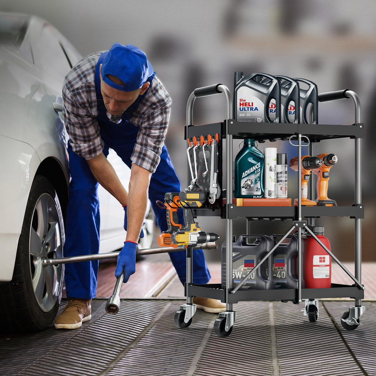 KINGRACK 3 Tier Rolling Tool Cart with Wheels and Ergonomic Handle, Heavy Duty Foldable Utility Service Cart with Organizer Shelf, Multifunctional Storage Organizer, Practical for Home, Office, Garage KINGRACK