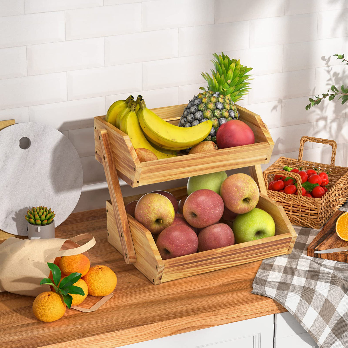 Merysen 2 Tier Wooden Fruit Basket For Kitchen, Bread Vegetable Fruit Basket Bowl Stand, Farmhouse Fruit Bowl for Countertop, Large Merysen