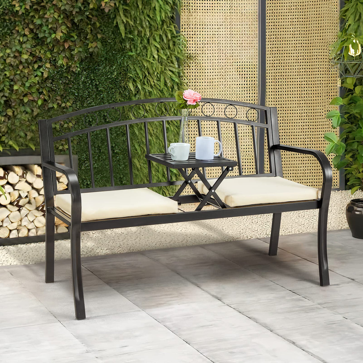 AVAWING Outdoor Metal Garden Bench, 2-Seat Patio Porch Bench with Steel Frame, Park Bench w/Pullout Middle Table＆ Cushion for Backyard Lawn Deck Entryway, Black AVAWING