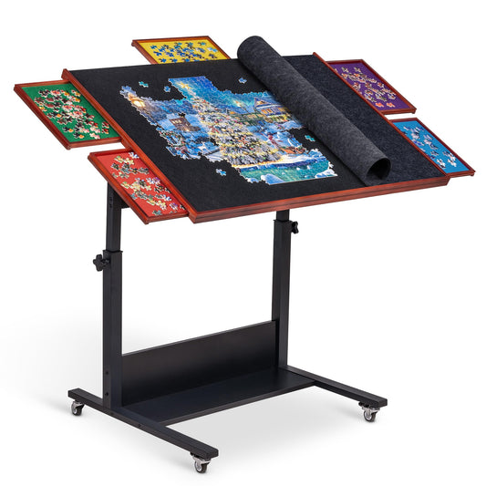 Becko US 1500 Pieces Jigsaw Puzzle Table/Board, Tilting Table/Board with Drawers & Height Adjustment, 5 Colored Sorting Trays with Proof-dust Felt Cover, Enclosed with 4 Wheels (Black)