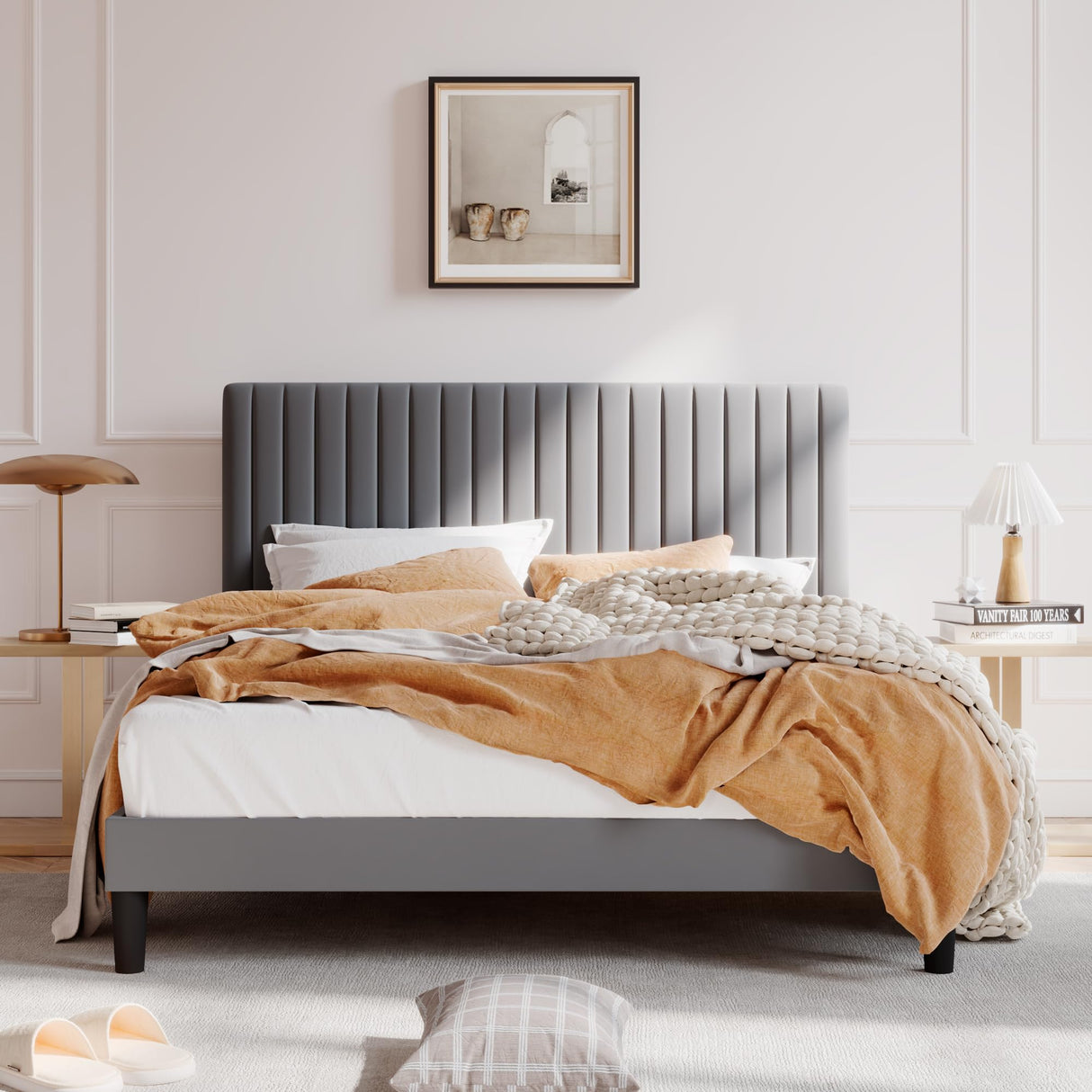 SHA CERLIN Queen Upholstered Platform Bed Frame with Vertical Channel Tufted Velvet Fabric Adjustable Headboard, Wooden Slats Support, Mattress Foundation, Box Spring Optional, Grey SHA CERLIN