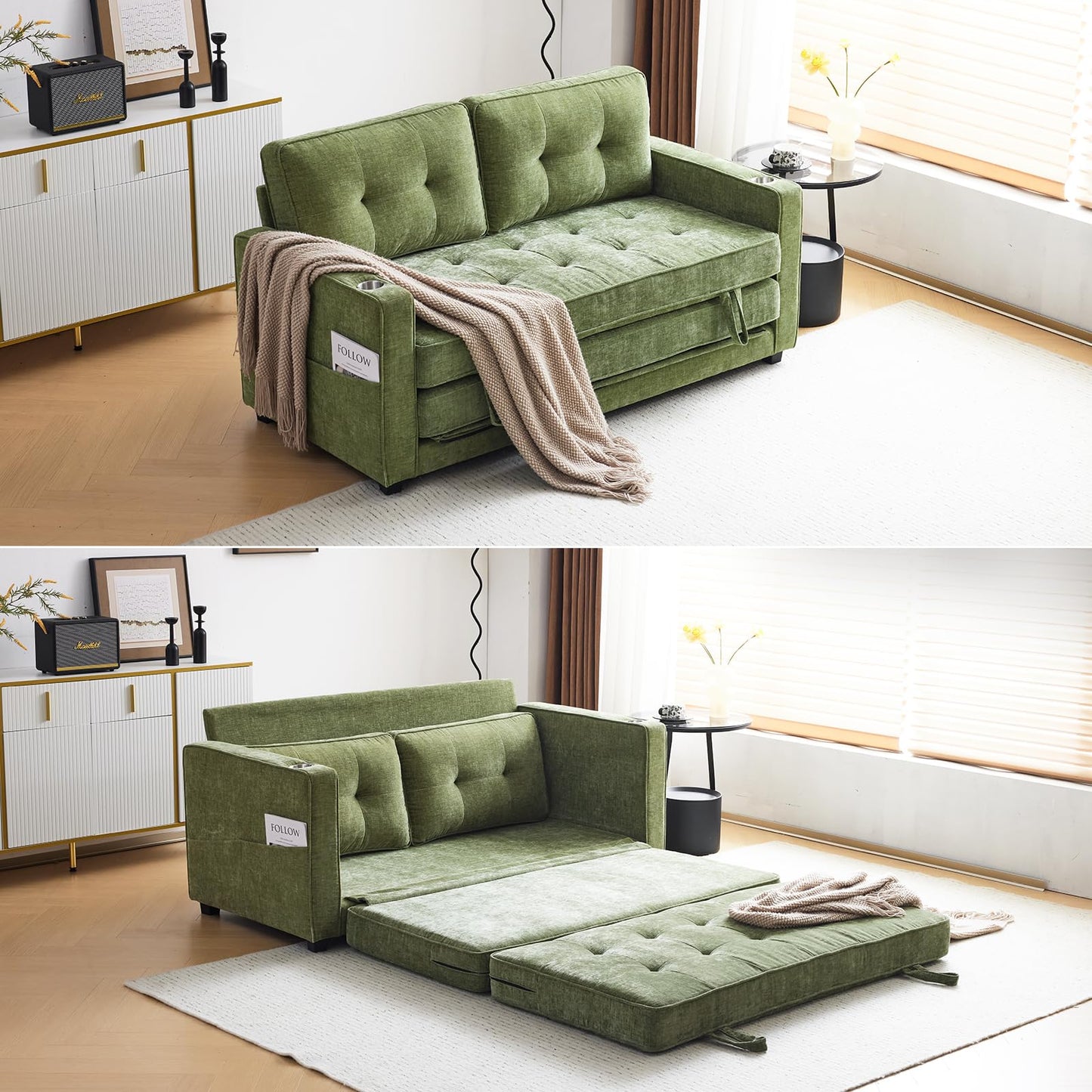 VINGLI Sofa Bed Full Size Pull Out Couch Bed Olive Green Futon Couch 64" W 84" L Loveseat Sleeper Floor Couches for Living Room Convertible Loveseat Sofa Foldable Sofa Bed - WoodArtSupply