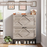 Nicetree Shoe Storage Cabinet with 2 Flip Drawers, Freestanding Shoe Organizer, Shoe Cabinet with Metal Legs, Narrow Shoe Rack Cabinet, Farmhouse Slim Shoe Cabinet for Entryway, Hallway, Rustic Gray Nicetree