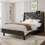 Feonase Twin Bed Frames with Luxury Wingback and Fast Charging Station,Twin Size Upholstered Button Tufted Storage Headboard Platform Bed,Sturdy Wooden Slats Support,Noise-Free,Easy Assembly,Dark Gray Feonase