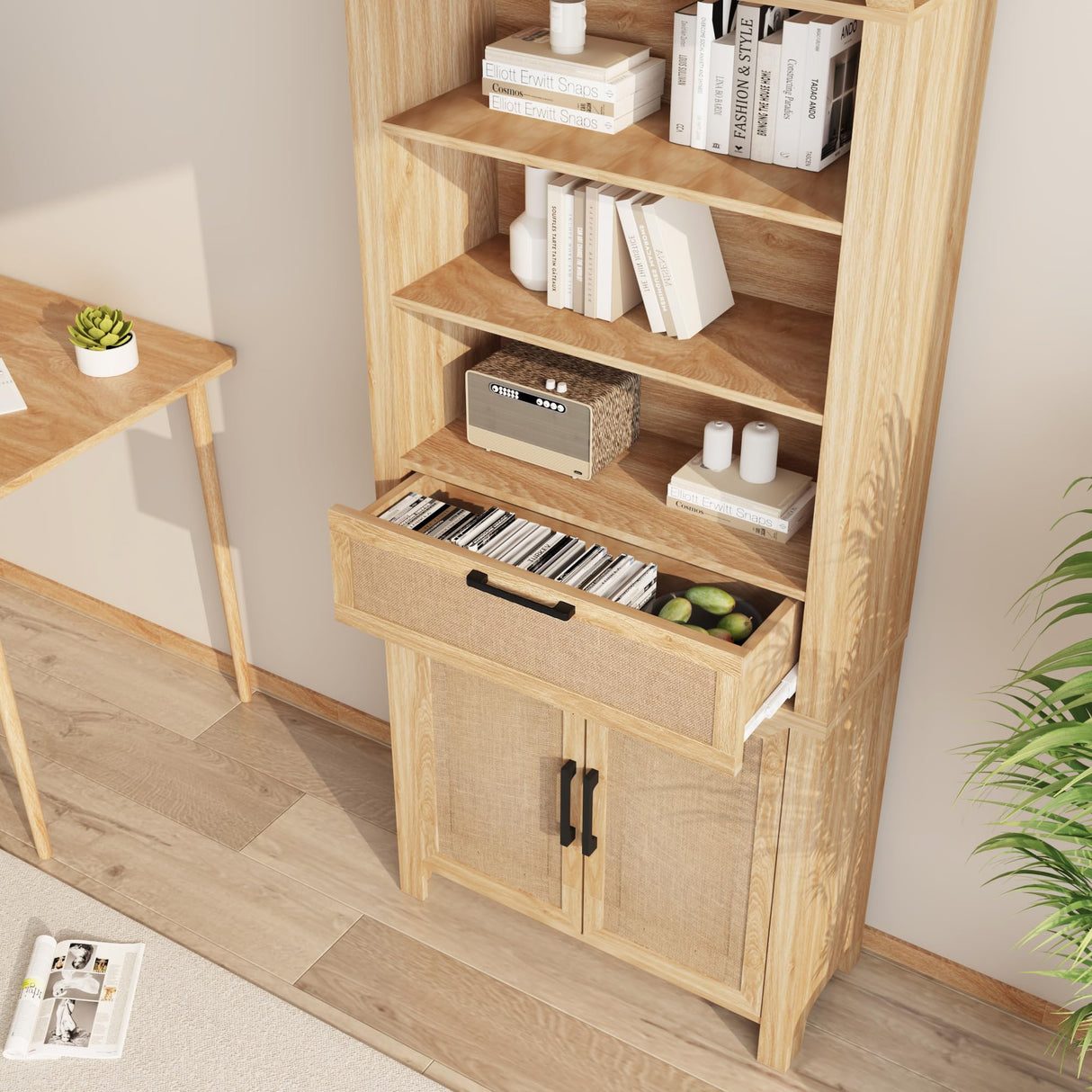 79" Tall Arched Bookcase with Storage, Mid Century Modern 6-Tier Cabinet with Door and Drawer, Arched Bookshelf with Open Display Shelf for Office Living Room (Natural, 79inch-Doors) Janmer Home