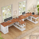 SEDETA L Shaped Desk, Farmhouse Desk with Drawers and Storage Shelves, Executive Home Office Desk with Power Outlet, File Cabinet Storage, Wood Corner Computer Desk, White SEDETA