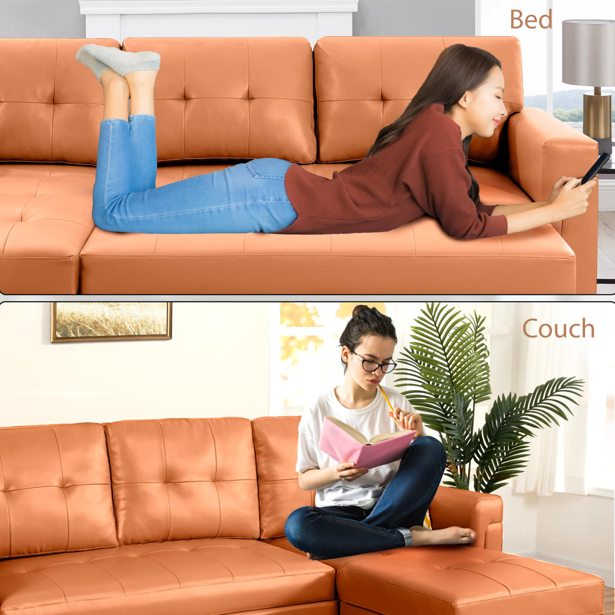 Naomi Home Transform Any Space: Sleeper Sectional Sofa with Convertible Sofa Bed & Inviting Chaise. Find Tranquil Comfort with Stress-Relieving Design & Durable Cushions - Caramel,Air Leather Naomi Home