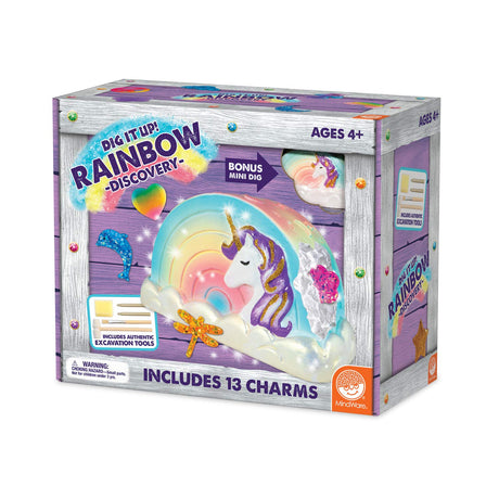MindWare Dig It Up! Rainbow Shaped Discovery for Girls - Kit Includes 13 Charms for Find, 2 Chiseling Tools, Hammer, Excavation Brush, Sponge, Poster and Guidebook - Ages 4 and Up MindWare
