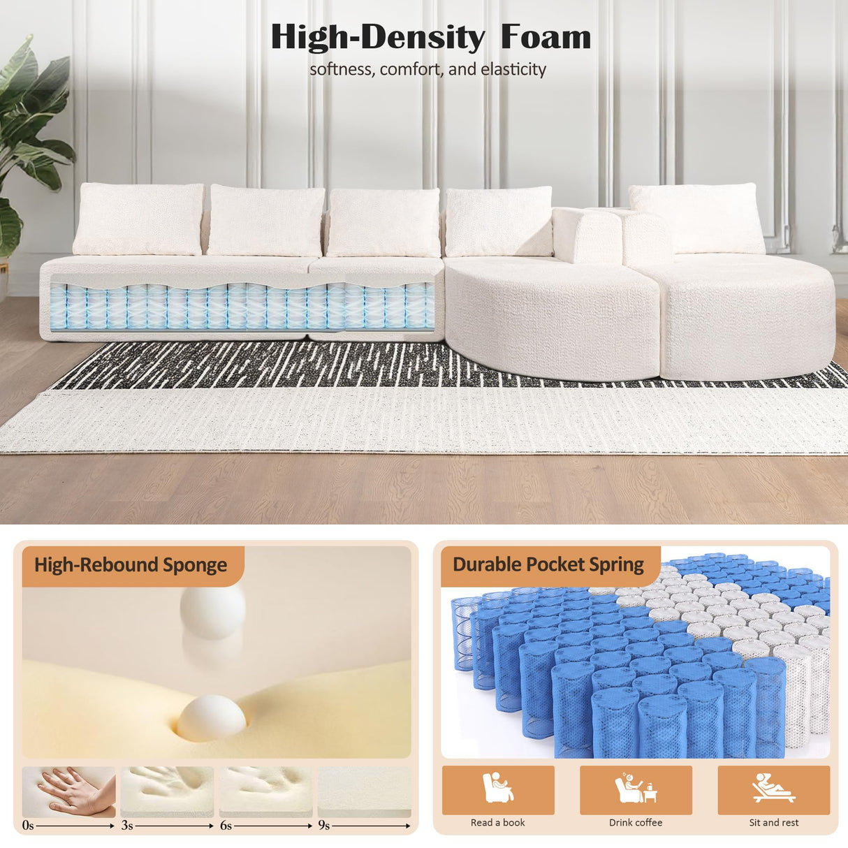 EYATZO 144" Sectional Couches for Living Room, Comfy U-Shaped Cloud Couch with Chaise Lounge, Modern Deep Seat Boneless Sofa, No Assembly Required (Boucle, White) EYATZO