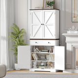 ONBRILL 71" Tall Farmhouse Kitchen Pantry with 6 Door Shelves & Drawer, Wood Pantry Storage Cabinet with 2 Adjustable Shelves & 4 Barn Doors, Freestanding Cupboard for Kitchen, Dining Room, White ONBRILL