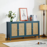 QHITTY Sideboard Buffet Cabinet, Rattan Accent Cabinet Storage Cabinet Console Table with 4 Doors and Adjustable Shelves for Kitchen, Dining Room, Living Room, Hallway (Blue) QHITTY