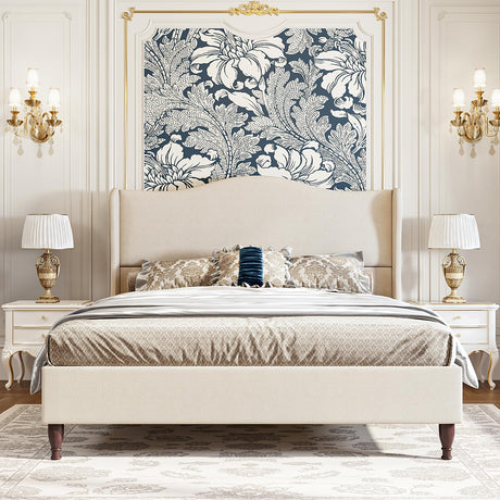 Koorlian King Size Upholstered Platform Bed with 51" Wingback Headboard - Retro Beige Design, No Box Spring Needed koorlian