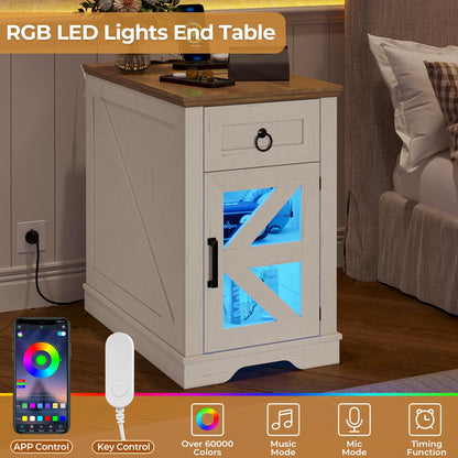 BTHFST End Table with LED Lights & Charging Station, Farmhouse Wooden Side Table with Sliding Drawers, Narrow Nightstand with LED Lights, Bedside Table for Bedroom, Living Room (White, 1PC)
