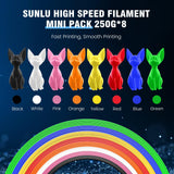 SUNLU High Speed PLA Filament Mini Pack, 30mm/s - 600mm/s Print Range, High Flow Speedy 3D Printer PLA Filament Bundle, 250g/Spool, Black+White+Green+Blue+Red+Orange+Yellow+Pink SUNLU