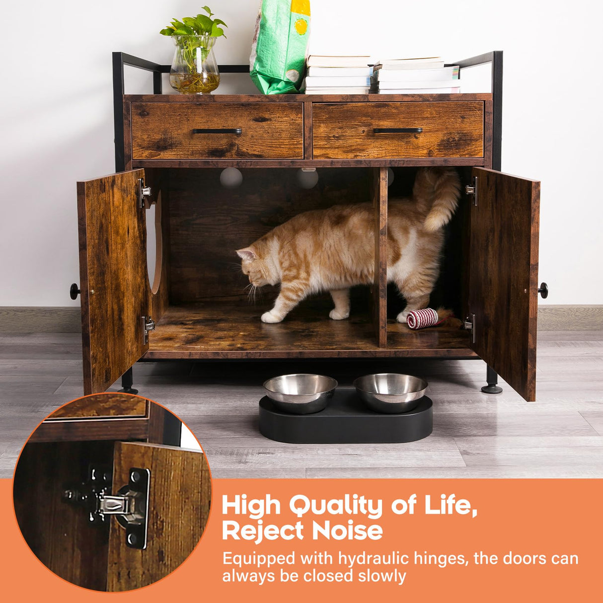 TC-HOMENY Cat Litter Box Enclosure Cabinet Storage Wooden Hidden Cat Washroom Furniture with 2 Doors, Drawers TC-HOMENY