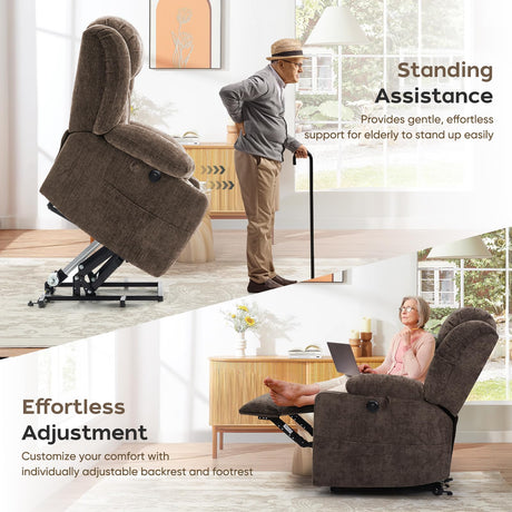 ABCASA Large Dual Motor Lay Flat Power Lift Recliners Chair for Elderly with Heat ＆ Massage, Comfortable Chenille Recliner, USB-A ＆ C, Cup Holder, Side Pocket, Brown ABCASA