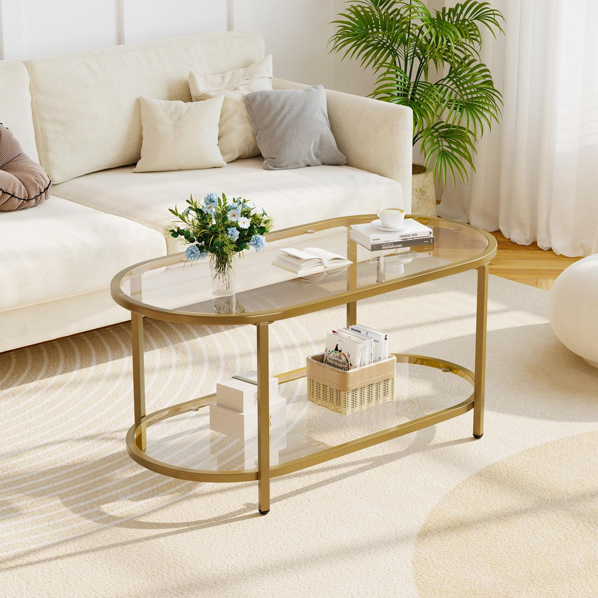 Wolawu Coffee Table Gold Oval Glass Table for Living Room,2 Tiers Oval Center Table with Sturdy Metal Frame, Modern Tempered Glass Tables for Bedroom Living Room Home Office Wolawu