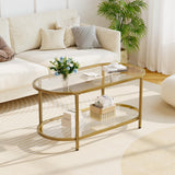 Wolawu Coffee Table Gold Oval Glass Table for Living Room,2 Tiers Oval Center Table with Sturdy Metal Frame, Modern Tempered Glass Tables for Bedroom Living Room Home Office Wolawu