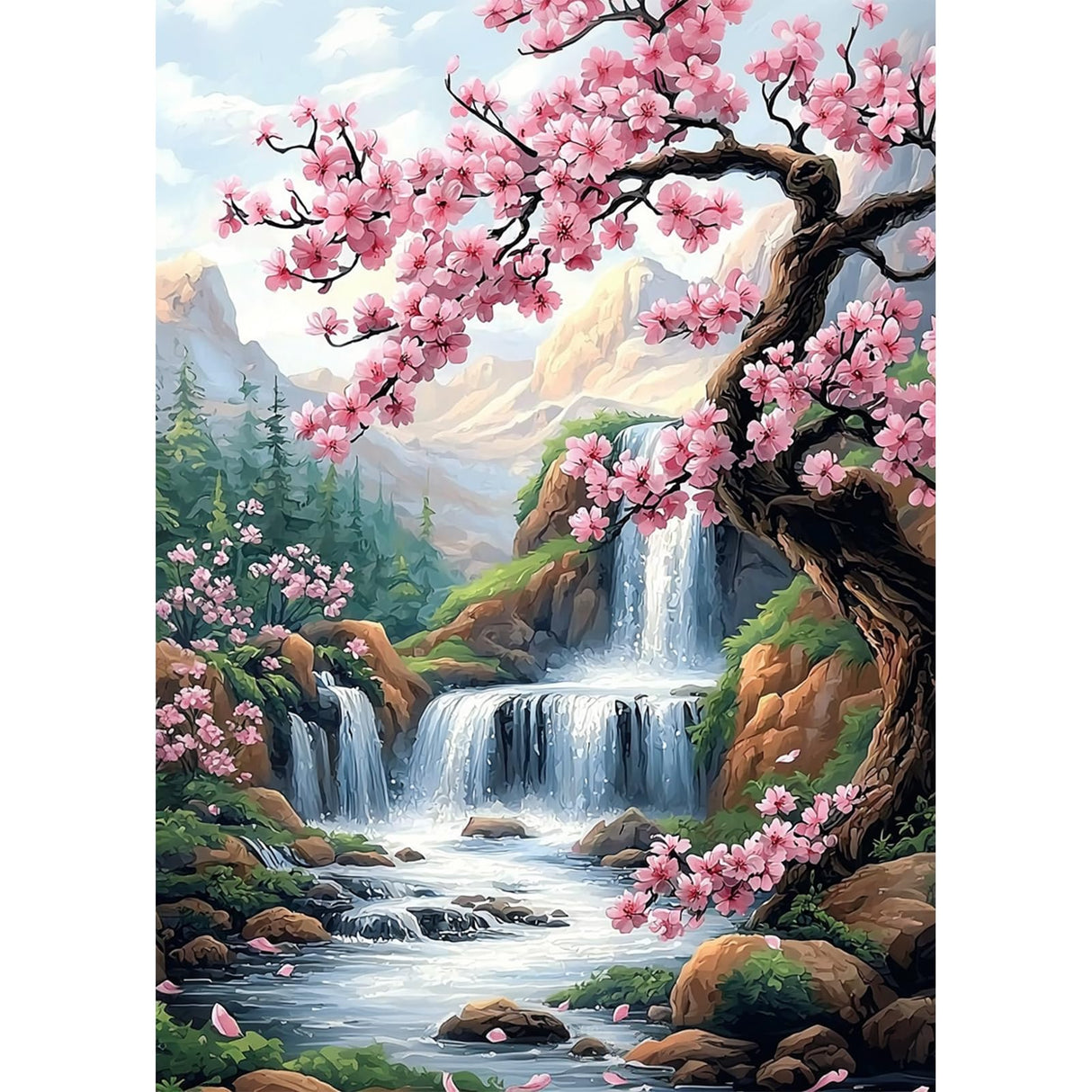 Lxmsja Cherry Blossoms Diamond Art Kits for Adults, Waterfalls Diamond Painting Kits for Beginners, 5D DIY Full Drill Gem Art Crafts for Adults, Home Wall Decor 12x16 inch Lxmsja