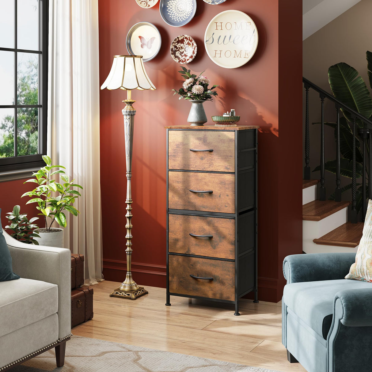 WLIVE Dresser with 4 Drawers, Fabric Storage Tower, Organizer Unit for Bedroom, Hallway, Entryway, Closets, Sturdy Steel Frame, Wood Top, Easy Pull Handle, Rustic Brown Wood Grain Print WLIVE
