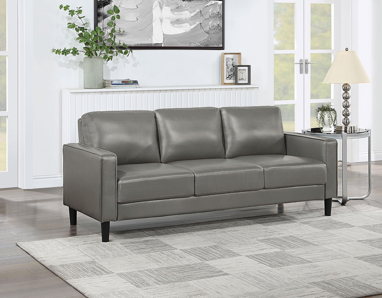 Coaster Home Furnishings - Ruth - Faux Leather Upholstered Track Arm Stationary Sofa with Foam Seat and Webbed Backrest - Transitional - Living Room - Gray - 508365 Coaster Fine Furniture