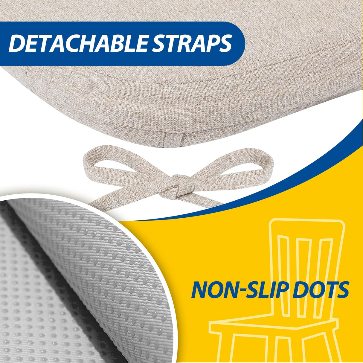 AAAAAcessories D-Shaped 2'' Thick Chair Cushions, Removable, Machine Washable Cover and Ties, Chair Pads for Indoor Dining Room and Kitchen Chairs, 17'' x 16'', Set of 4, Beige AAAAAcessories