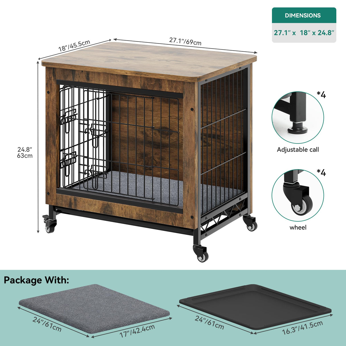 DWVO Dog Crate Furniture with Wheels, 27" Dog Kennel Indoor with Cushion, Dog Crate End Table with Tray, Dog Cage with Double Doors for Small Dog (Rustic Brown) DWVO