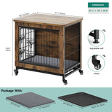 DWVO Dog Crate Furniture with Wheels, 27" Dog Kennel Indoor with Cushion, Dog Crate End Table with Tray, Dog Cage with Double Doors for Small Dog (Rustic Brown) DWVO