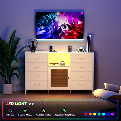 Dresser for Bedroom with Power Outlets and LED Lights, 8 Drawers TV Stand Dresser for 65 Inch TV, Large TV Console with Open Shelf, White Dresser Chests of Drawers, PU Leather