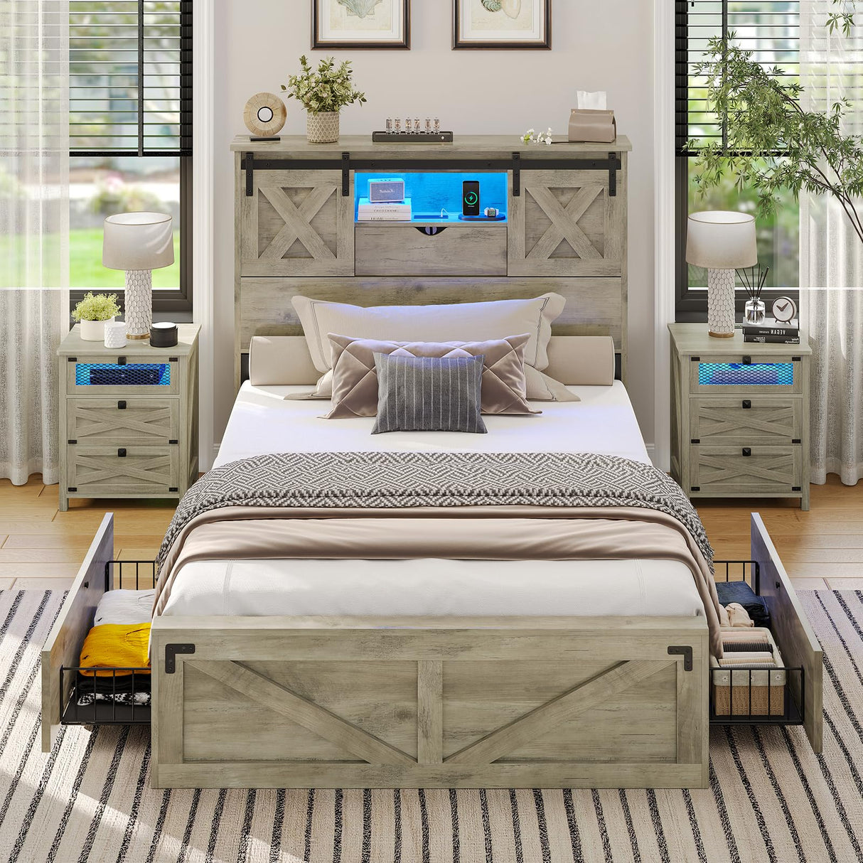 Hasuit Farmhouse Bed Frame Twin XL Size with 2 Storage Drawers, Wooden Platform Twin XL Bed with LED Lights and Charging Station, Rustic Headboard with Sliding Barn Door Storage Cabinets (Rustic Oak) Hasuit